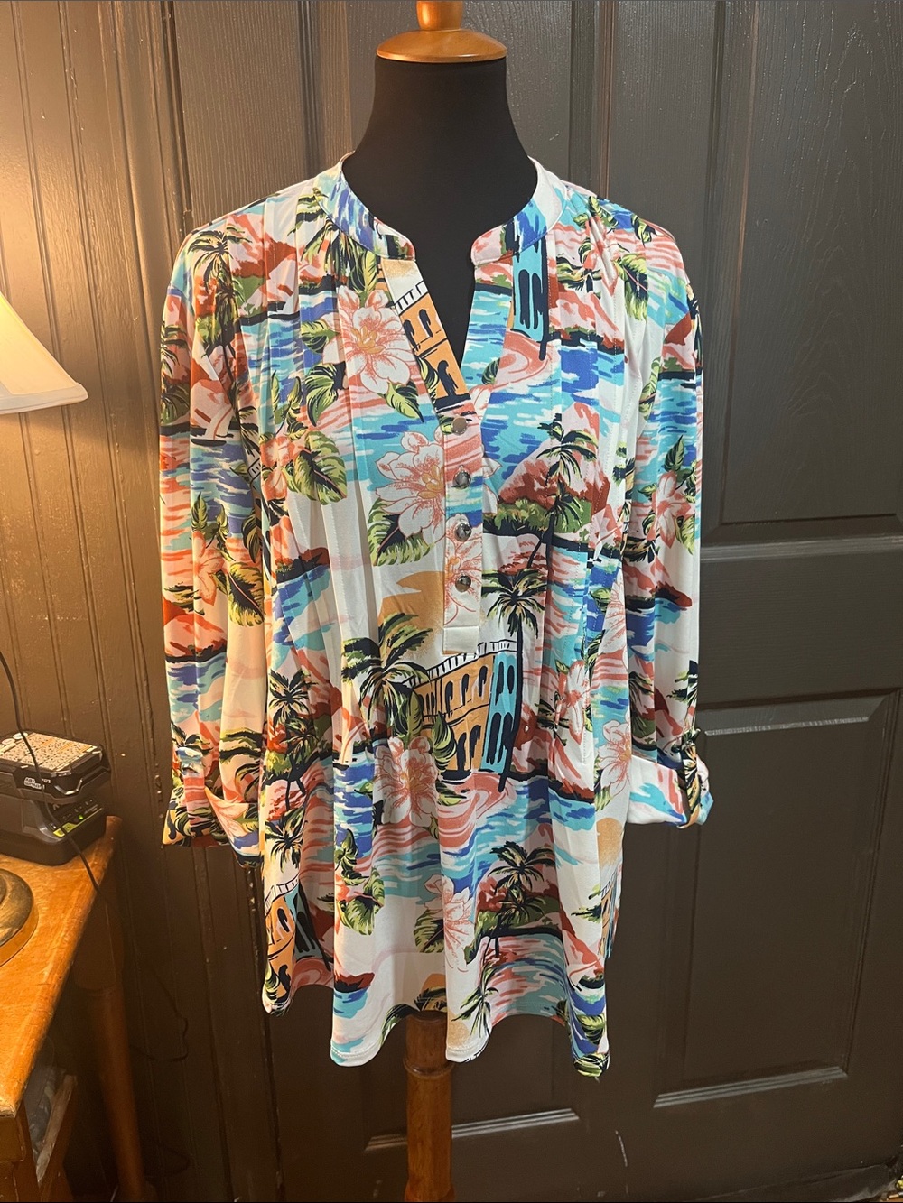 Ava & Grace Palm & Wave Print Tunic - Aqua, Coral, Navy
